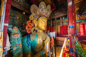 Fototapeta premium Future Buddha or Maitreya Buddha 28th in Thiksey Gompa Monastery in Ladakh, Northern India