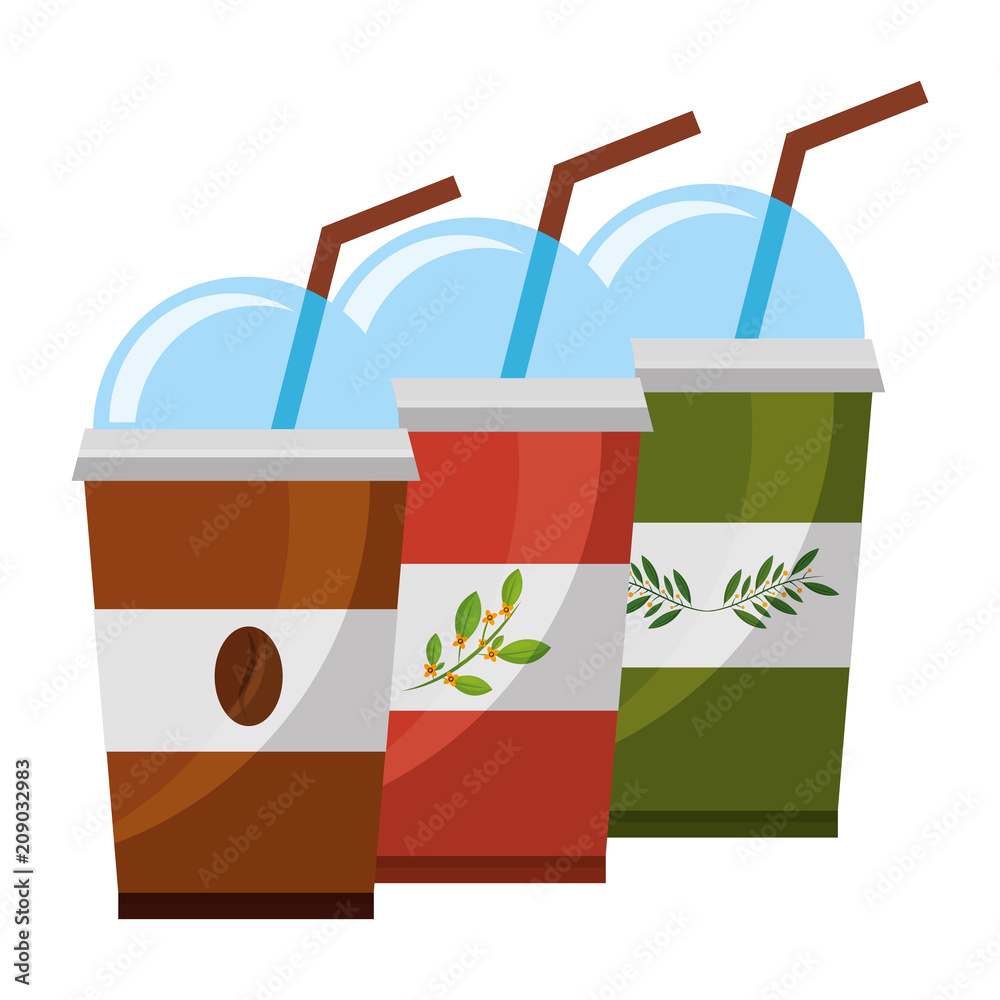 Wall mural disposable coffee and tea cups and straws drink vector illustration