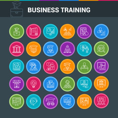 Business training and education colorful icon set. Consulting, learning and teaching. Professional and career growth. Vector illustration