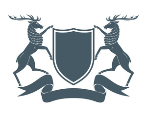 Medieval coat of arms. Two deers hold a shield. Vector Illustration