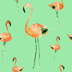 Hand Drawn Illustration With Flamingo. Exotic Summer Beach Motif. Swimwear Design, Wrapping, Background, Wallpaper, Fabric. Hawaiian Print. Jungle Birds Repeated Ornament. Aloha. Boho. Africa.