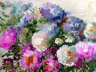 Abstract bright colored decorative background . Floral pattern handmade . Beautiful tender romantic spring bouquet of aster flowers  , made in the technique of watercolors from nature.