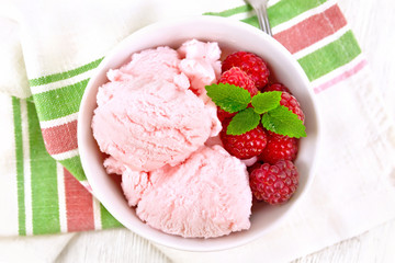Ice cream crimson in bowl on board top