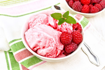Ice cream crimson in bowl on board