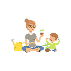 Elementary teacher telling little boy about plants during botany class in primary school, preschool education vector Illustration