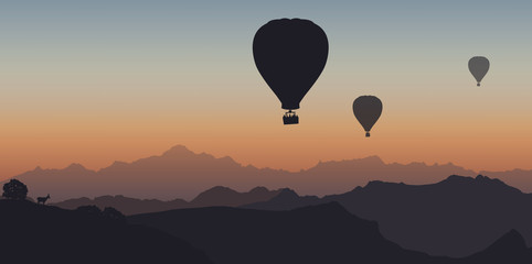 Naklejka premium Balon na ogrzane powietrze - góra - Mont Blanc - ucieczka - wolność - spokój - zachód słońca - Francja