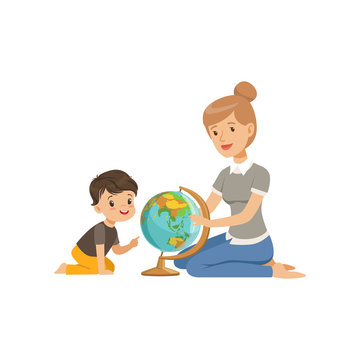 Little boy studying geography with his teacher, geography class in primary school, preschool education vector Illustration