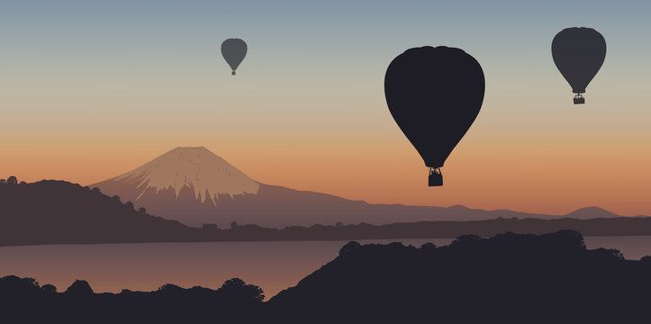 Montgolfière, montagne, Mont Fuji, évasion, liberté, calme, Japon, coucher de soleil, tranquille