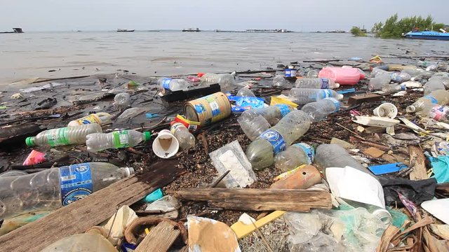 Plastic bottles and garbage pollution of beach and ocean