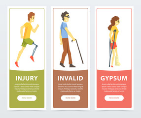 Disabled people banners set, man with prosthetic leg, blind man, woman on crutches with broken leg, injury, invalid, gypsum flat vector ilustrations, element for website or mobile app