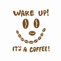 Funny coffee bean face icon with lettering