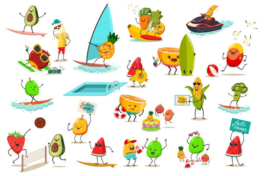 Funny fruits and vegetables are engaged in summer water and beach sports. Jet ski, banana boat, windsurfing, volleyball and surfing. Cute food cartoon character vector set isolated on background.