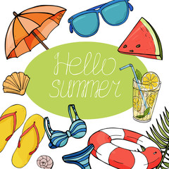 Hello summer vector banner design. Beach holidays and summer food. Colorful beach items in the style of the sketch. Vector illustration