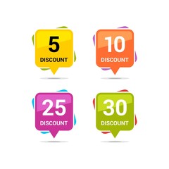 Sale discount square icons. Special offer price signs. 5, 10, 25 and 30 percent off reduction symbols. Colored vector flat elements badges