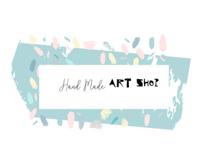 Artistic creative hand drawn header, label or poster of craft hand made art shop. Abstract background with brush paint strokes , worn textures and textured cut font. Made in vector