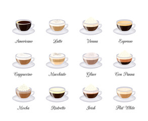 Different coffee drinks set.