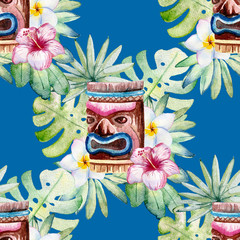Tropical watercolor illustration with leaves, mask and flowers. © Tapilipa