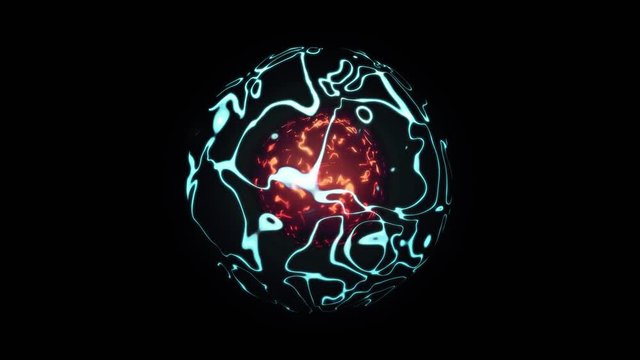 3d animation of abstract isolated blue magical orb. Burning sphere with plasma ring appears and bursts on black background. Magic and power concept object. Shiny colorful VFX design element in 4K.
