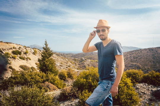 Man Tourist In Front Of Southern European Landscape Enjoying The View