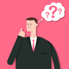 Thinking business man character. Vector flat cartoon illustration of a male with a question mark and speech bubble isolated on background.