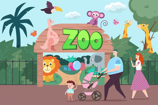 Happy family visits the zoo. Vector flat cartoon illustration with people, elephant, giraffe, kangaroo, monkey, parrot, lion and butterflies.