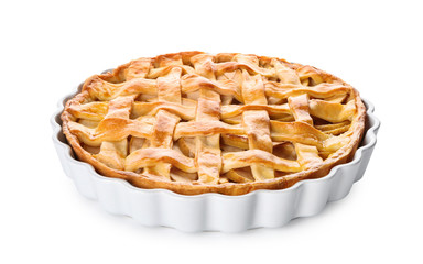 Tasty homemade apple pie on white background