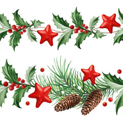 Frame with Christmas Decoration - Holly Leaves, Christmas Tree with Cones and Stars on White Background.