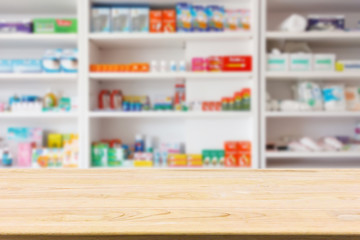 Pharmacy drugstore counter table with blur abstract backbround with medicine and healthcare product on shelves