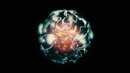 3d animation of abstract isolated orange and blue magical orb. Burning sphere with plasma ring on black background. Magic and power concept object. Shiny colorful VFX design element in 4K.