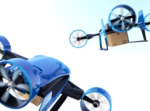 Rear view of blue VTOL drones carrying delivery packages flying in the sky. 3D rendering image.