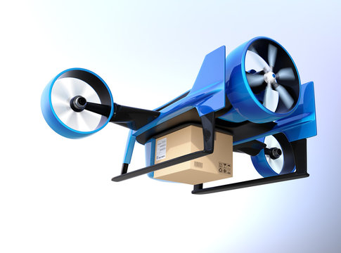 Rear view of blue VTOL drone carrying delivery package flying in the sky. 3D rendering image.