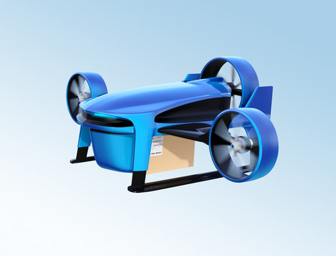 Metallic blue VTOL drone carrying delivery package flying in the sky. 3D rendering image.