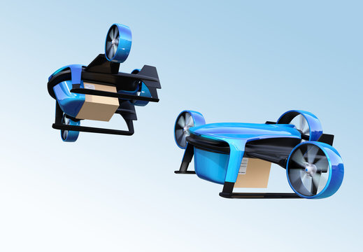 Metallic blue VTOL drones carrying delivery packages flying in the sky. 3D rendering image.