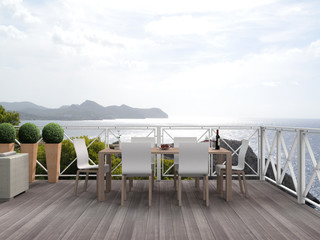 terrasse oder balkon mit gartenmöbeln und blick auf das mittelmeer - 3D rendering