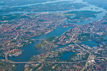 Aerial over Stockholm Sodermalm Old Town island Essingeleden Djurgarden