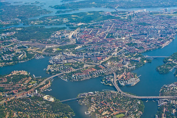 Aerial over Stockholm Sodermalm Old Town island Essingeleden Djurgarden