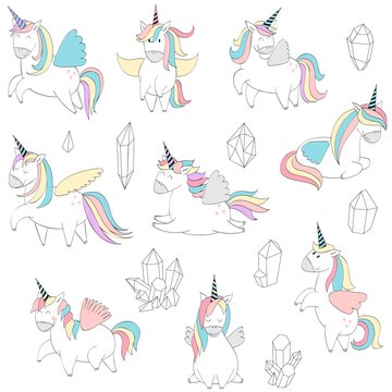 Vector illustration of cute unicorns in different poses and crystals.