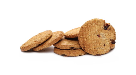 Round wholewheat biscuits with raisins isolated on white background