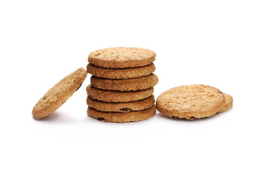 Round wholewheat biscuits with raisins isolated on white background