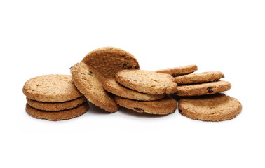 Round wholewheat biscuits with raisins isolated on white background