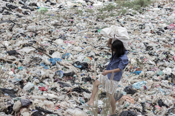 Poor children collect garbage for sale,, the concept of pollution and the environment,Recycling old rubbish,World Environment Day