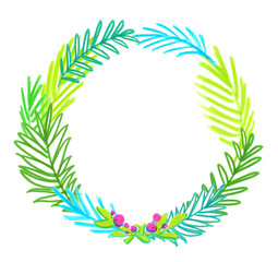 Simple abstract tropical turquoise blue and bright green floral wreath painted in highlighter felt tip pen on clean white background