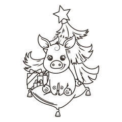 Happy New 2019 Year card with cartoon baby pig. Small symbol of holiday.