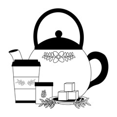 delicious herbs tea cup with teapot and sugar vector illustration design