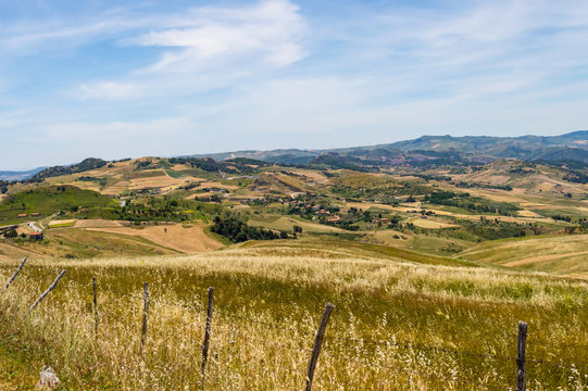 View of the countryside, fields and hills in the region of Mistretta