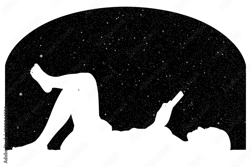 Sticker lying girl near big window at night. vector illustration with silhouette of woman with mobile phone 
