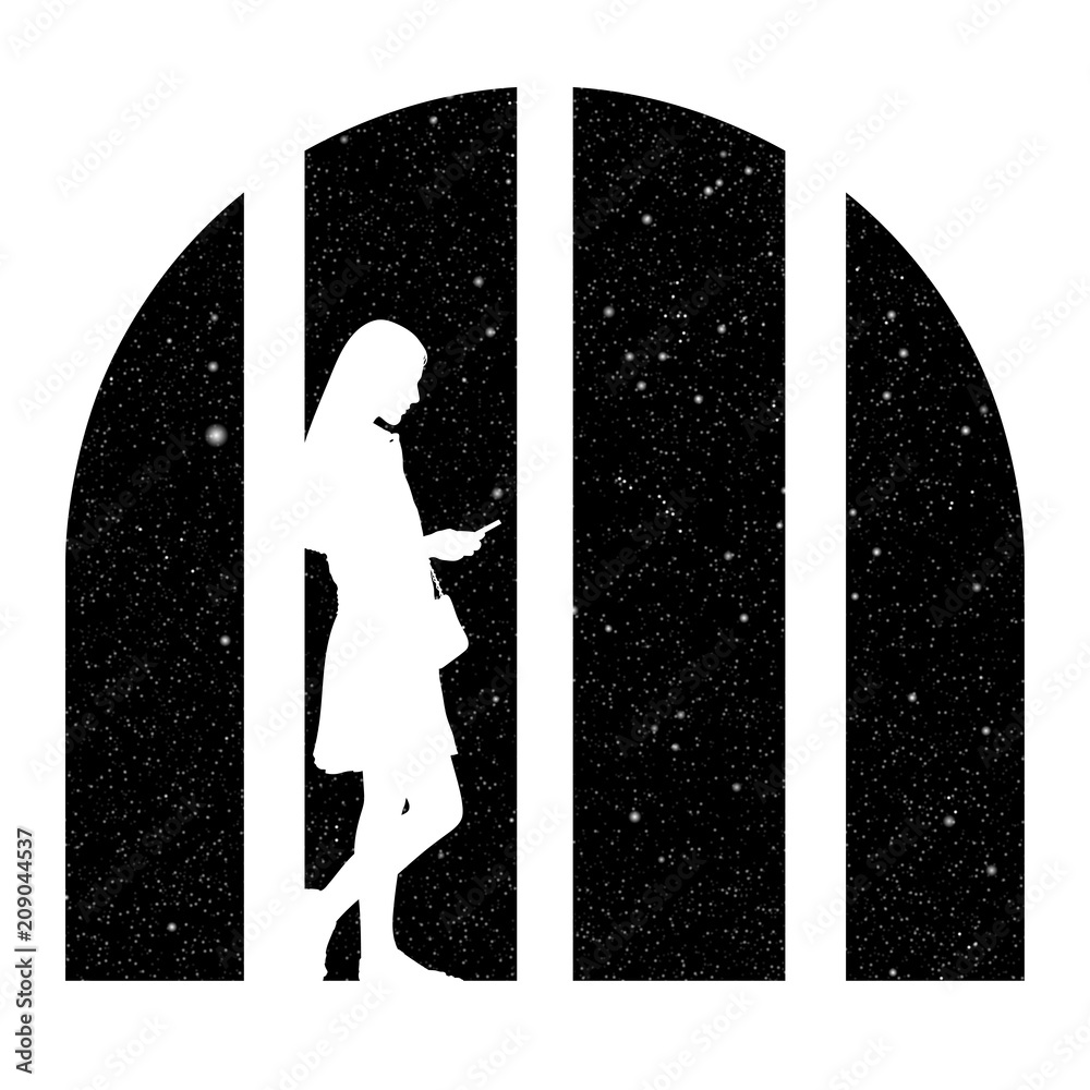 Sticker standing girl at big city window at night. vector illustration with silhouette of woman with mobile 