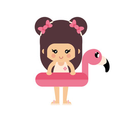 cartoon summer girl in a swimsuit with flamingo float