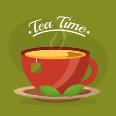 tea cup and teabag mint leaves on dish - tea time vector illustration