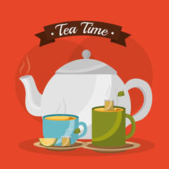 teapot and cups hot beverages with lemon - tea time vector illustration